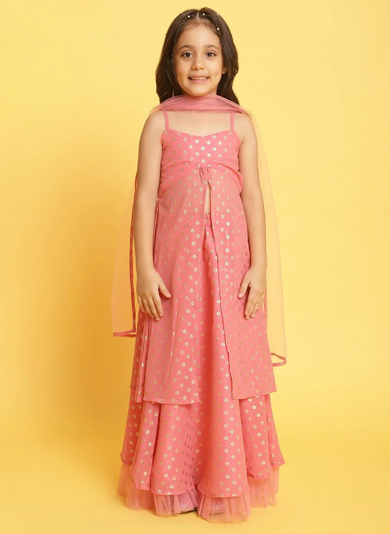Nautinati Girls' Georgette Blend Ready-to-wear All-over Gold Toned Foil Print Lehenga & Blouse with Net Dupatta